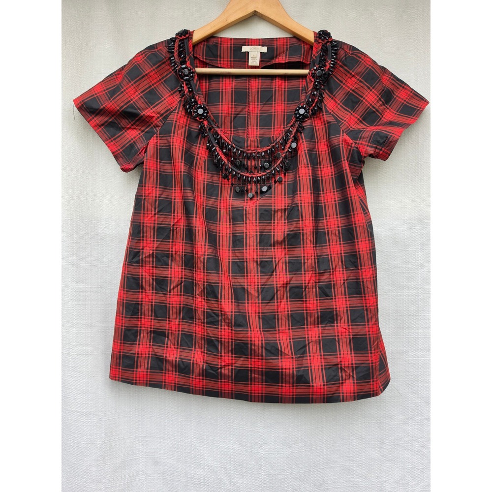 J.Crew Top Womens 6 Tartan Plaid 100 Silk Jeweled Statement Festive Holiday Red